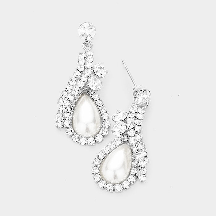 Pierced 1 1/2" silver white pearl clear stone teardrop earrings