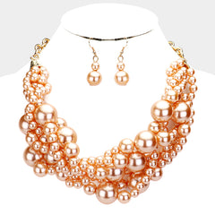 Pierced gold chain beige pearl braided necklace set