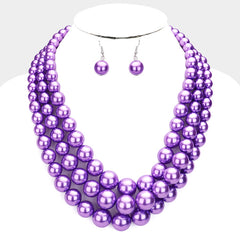 Beautiful pierced silver and lavender three strand pearl necklace set