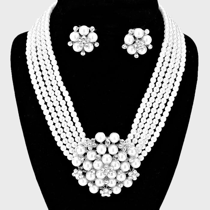 Vintage pierced silver and clear stone white pearl flower necklace set