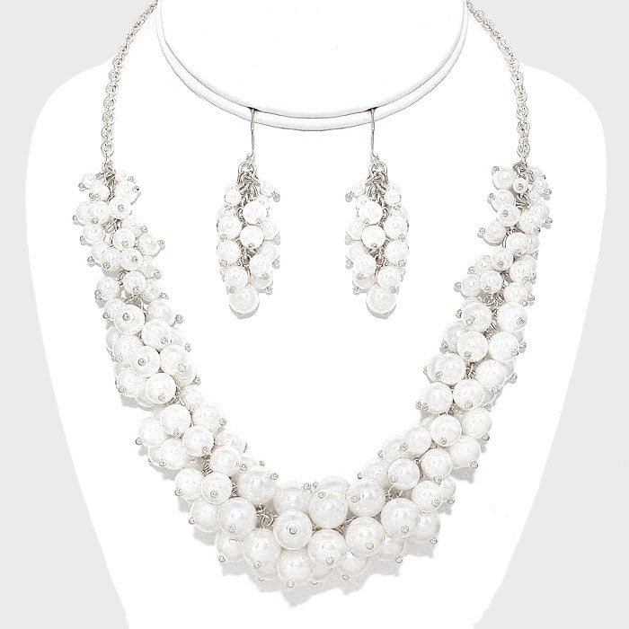 Pierced silver chain cluster white pearl necklace set