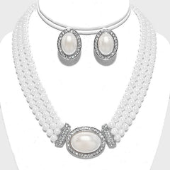 Trendy clip on silver, white pearl and clear stone necklace and earring set