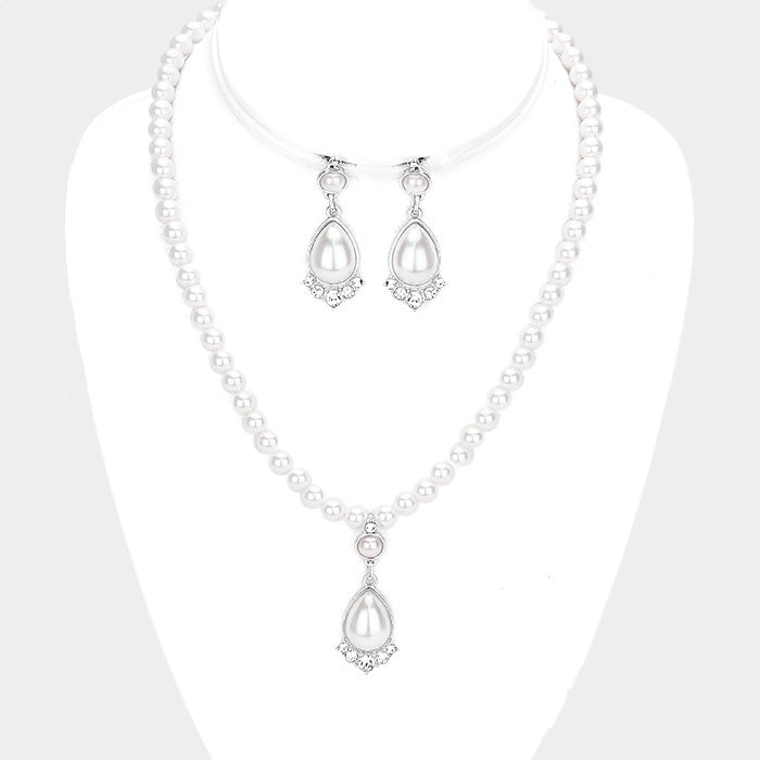 Vintage pierced silver and white teardrop and clear stone necklace set