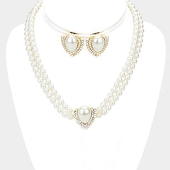 Pierced gold, white pearl pointed necklace and earring set with clear stones