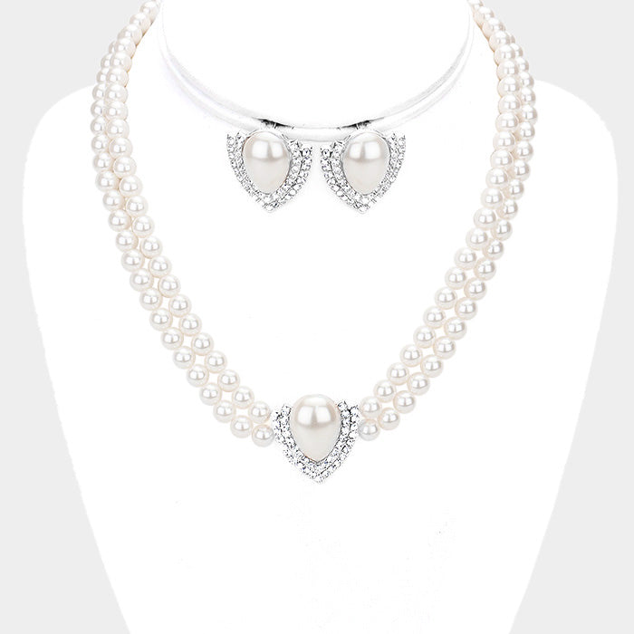 Pierced silver, white pearl pointed necklace and earring set with clear stones