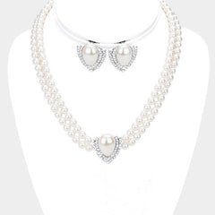 Pierced silver, white pearl pointed necklace and earring set with clear stones