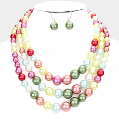 Beautiful pierced gold and yellow multi colored 3 strand pearl necklace set