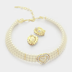 Clip on 3 pc gold and cream pearl heart choker necklace, bracelet, earring set