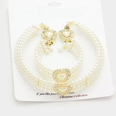 Clip on 3 pc gold and cream pearl heart choker necklace, bracelet, earring set