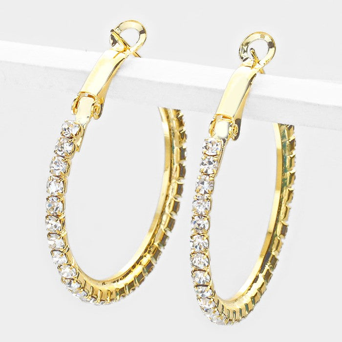 Trendy pierced 1 1/2" small gold clear stone hoop earrings