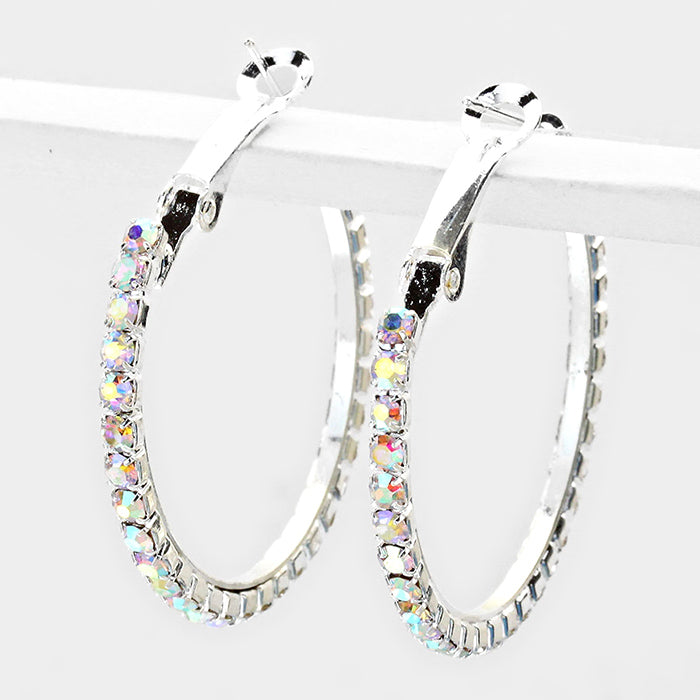 Trendy pierced 1 1/2" small silver fluorescent stone hoop earrings