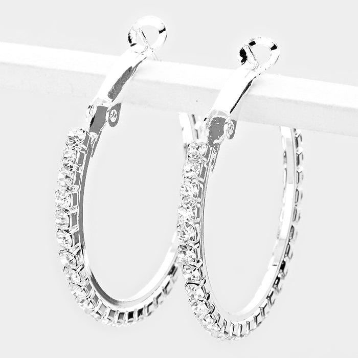 Trendy pierced 1 1/2" small silver clear stone hoop earrings