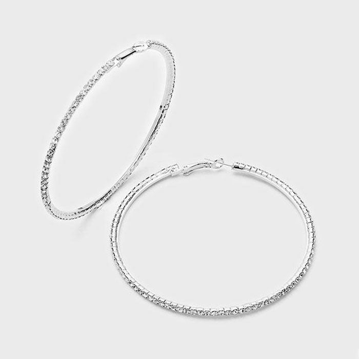 Pierced silver bamboo hoop earrings with clear stones & white pearl top