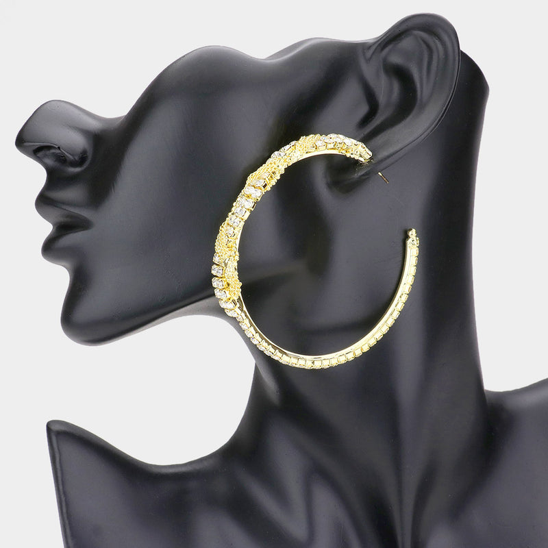 Beautiful pierced 2 3/4" Xl twisted gold chain & clear stone hoop earrings