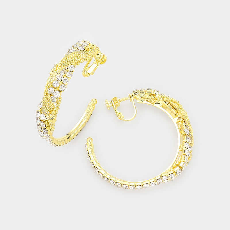 Classy 1 3/4" clip on gold chain and clear stone open back hoop earrings