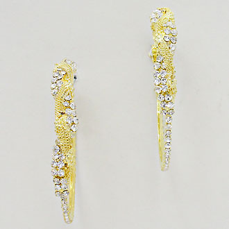 Beautiful pierced 2 3/4" Xl twisted gold chain & clear stone hoop earrings