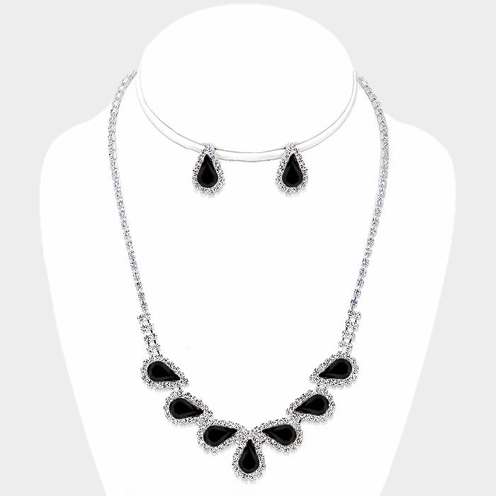 Pierced silver clear and black stone teardrop necklace and earring set