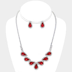 Pierced silver clear and red stone teardrop necklace and earring set