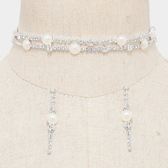 Pierced silver clear stone and pearl choker necklace set