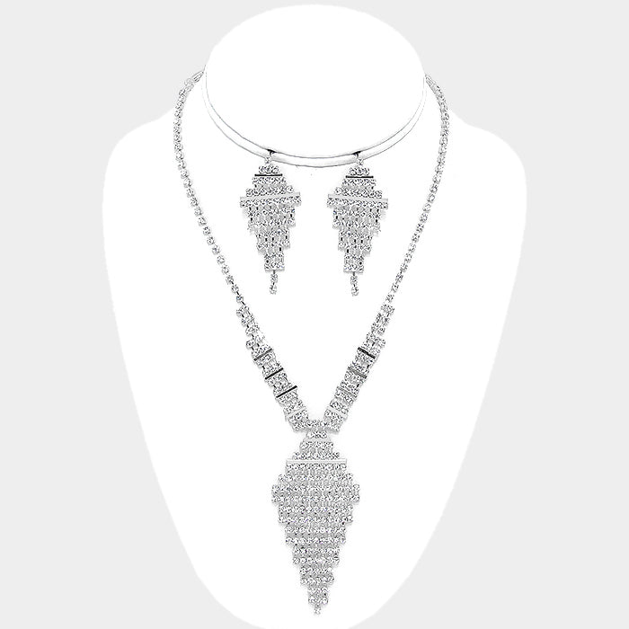 Classy pierced silver and clear stone kite style necklace and earring set