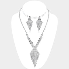 Classy pierced silver and clear stone kite style necklace and earring set