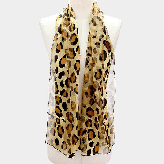 Brown or gold leopard print long 14" X 60" polyester scarf