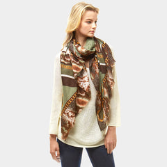 Orange, pink, green, taupe, blue multi colored snake skin and chain print scarf