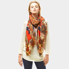Orange, pink, green, taupe, blue multi colored snake skin and chain print scarf