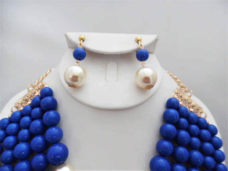 Clip on gold blue and pearl necklace and earring set