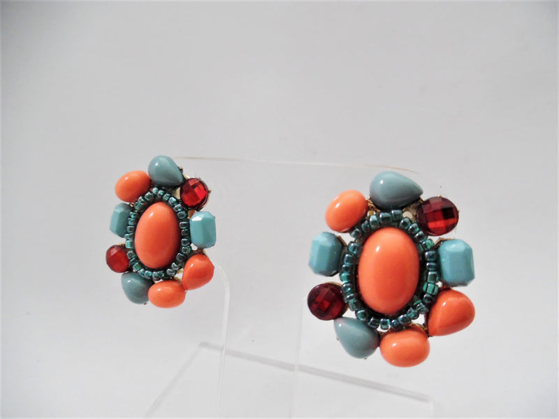 Clip on 1 1/4" gold, orange, red and turquoise stone oval earrings