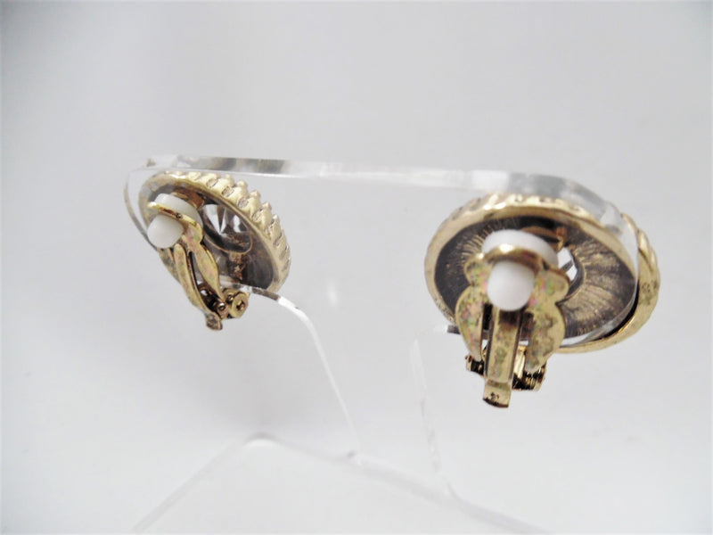 Clip on 1" gold indented edge clear stone round button style earrings