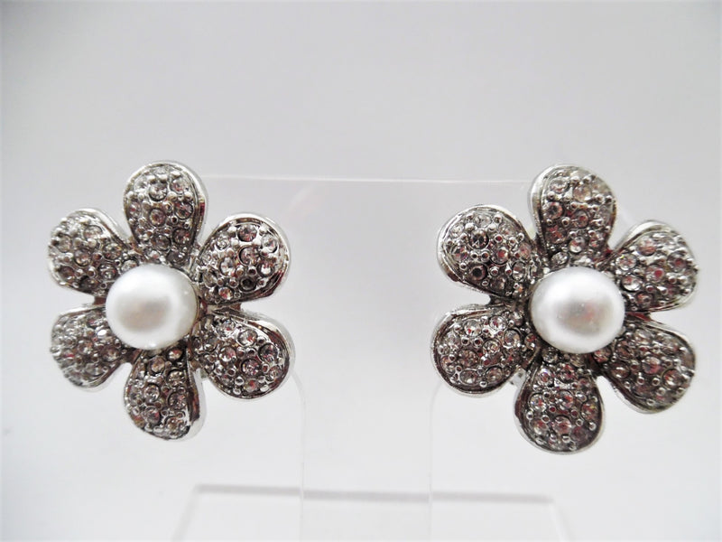 Clip on silver round edge cutout pearl and clear stone button style earrings