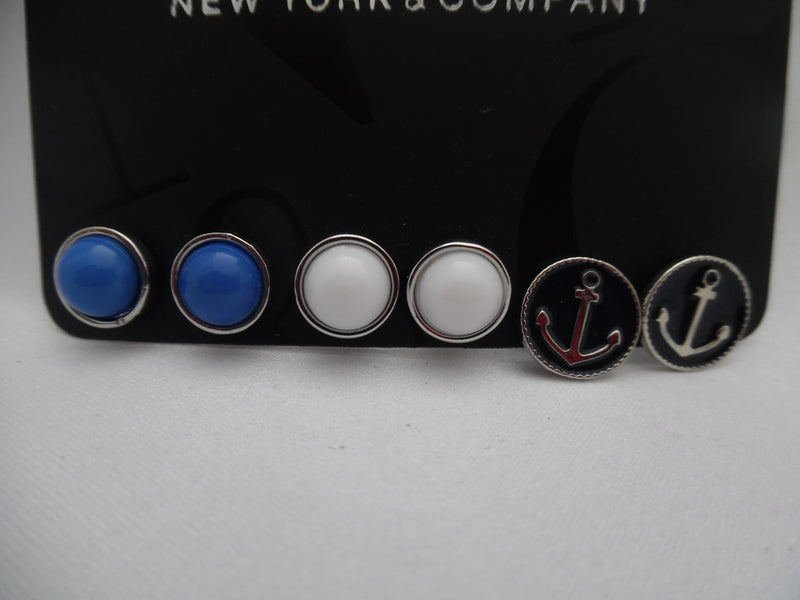NY & Co 3pc pierced earrings blue, white, and black stone anchor earrings