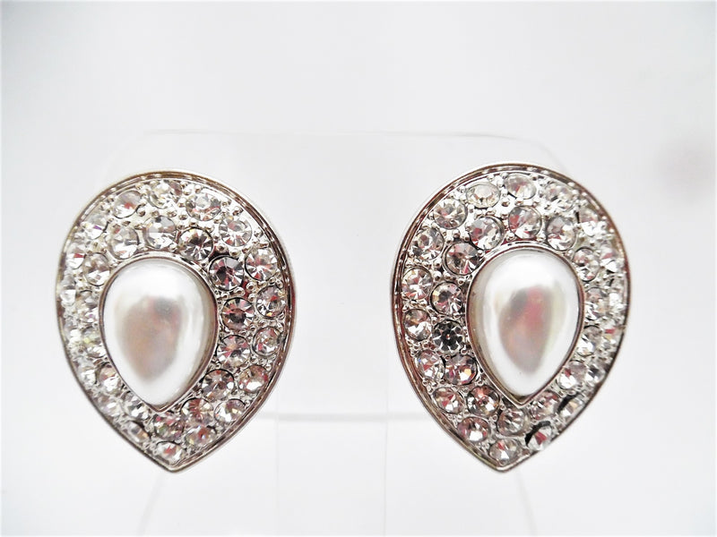 Clip on large silver white pearl and clear stone teardrop earrings