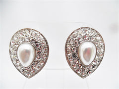 Clip on large silver white pearl and clear stone teardrop earrings