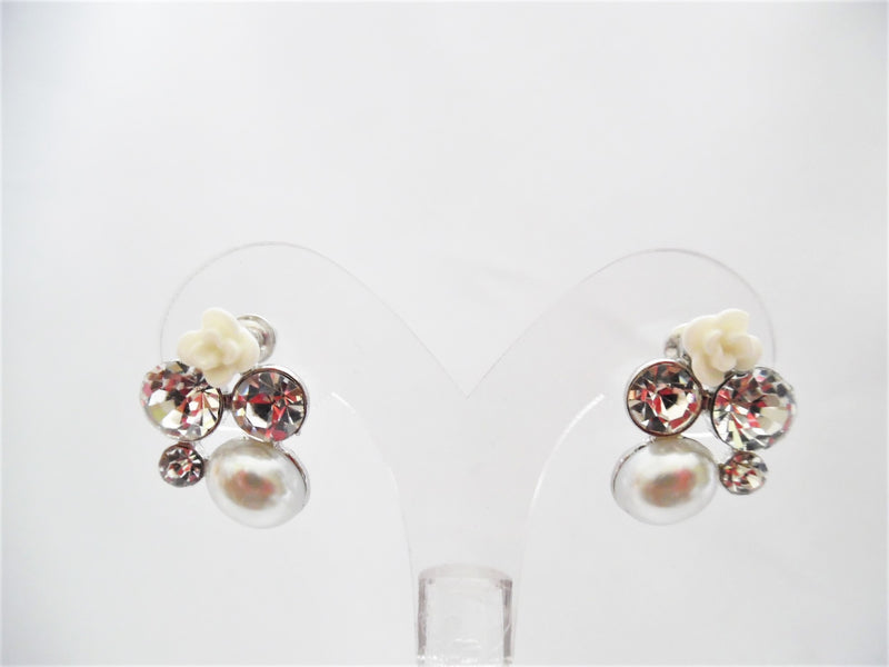 Vintage 1" pierced silver white pearl, clear stone and flower earrings