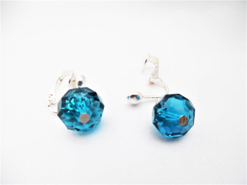 Clip on long silver multi layered blue stone earring set