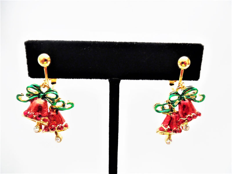 Clip on 1 1/2" gold, red and green double bell dangle earrings with red stones