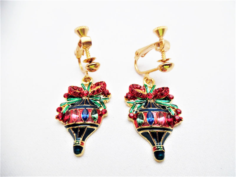Clip on 1 1/2" gold and red multi colored stone pointed ornament dangle earrings