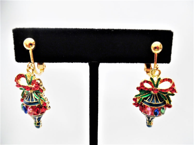 Clip on 1 1/2" gold and red multi colored stone pointed ornament dangle earrings