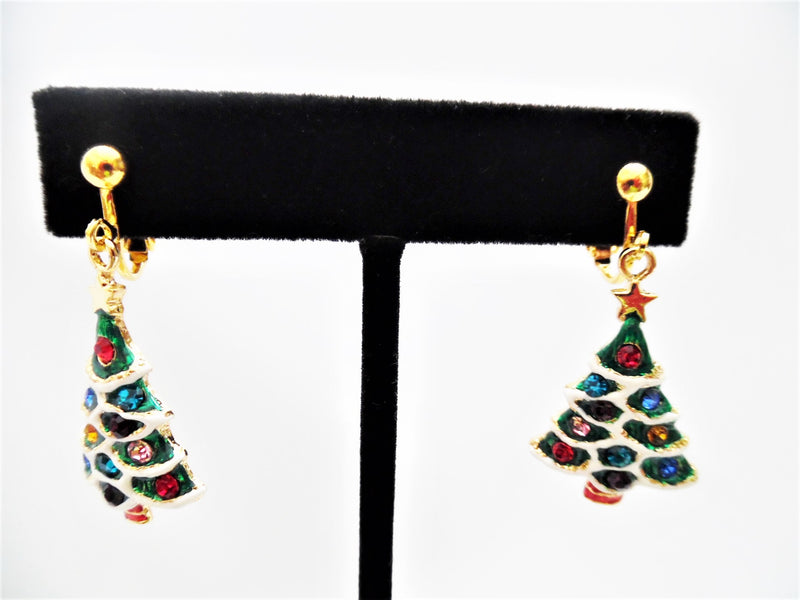 Clip on 1 3/4" gold, green and white Christmas Tree with multi colored stones