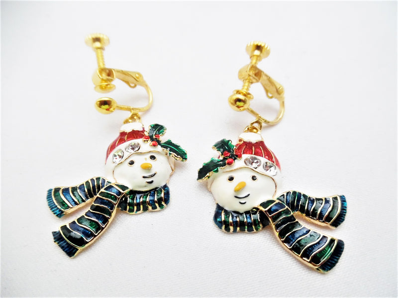 Clip on gold red multi colored Snowman earrings w/dangle green stripe scarf