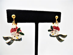 Clip on gold red multi colored Snowman earrings w/dangle green stripe scarf