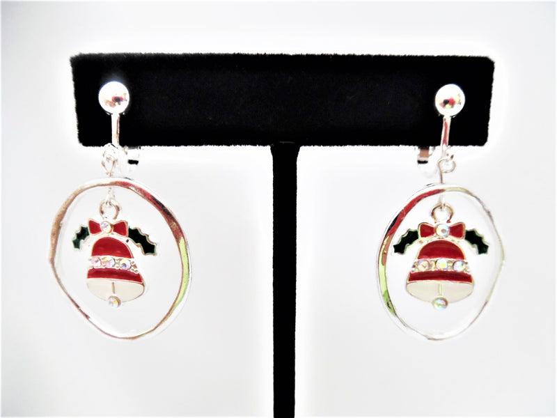 Clip on silver hoop earrings with red & green center bell w/fluorescent stones