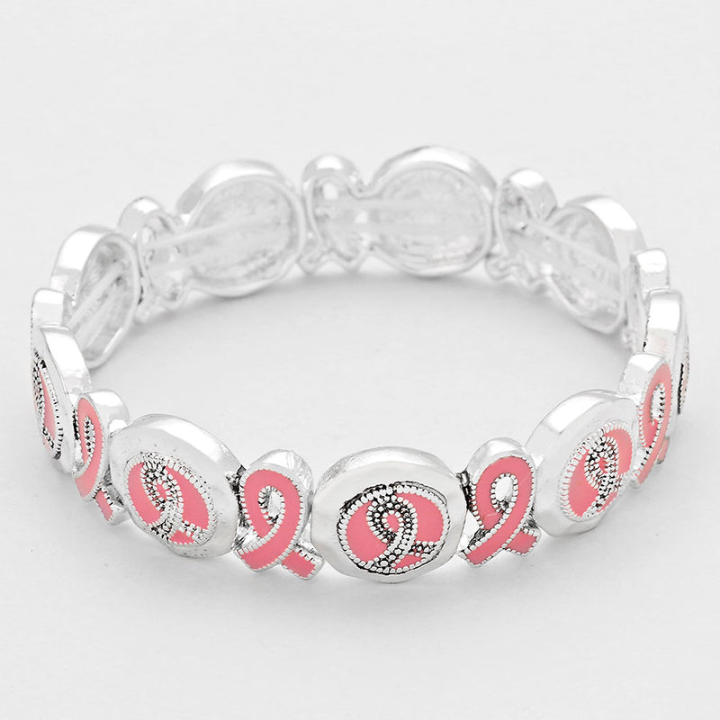 Silver stretch pink ribbon "Life is tough, but I am tougher" bracelet