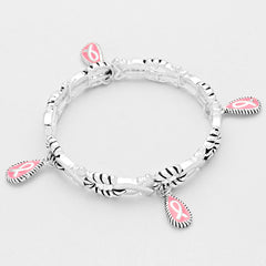 Silver indented stretch pink ribbon charm bracelet