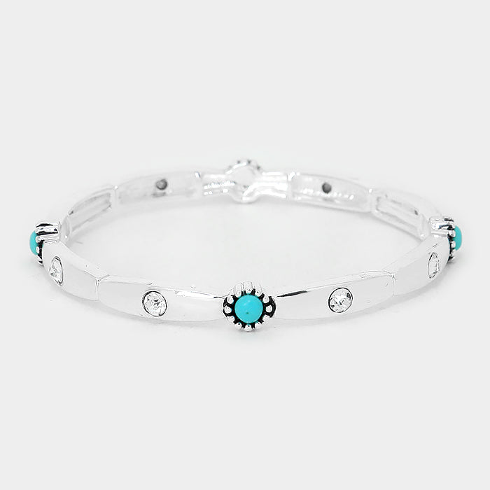 Western stretch 6 1/2" silver turquoise and clear stone bracelet