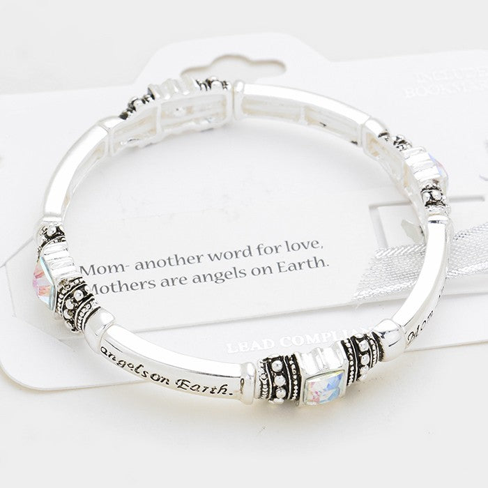 Silver 6 1/2-7 1/2" stretch white fluorescent stone engraved MOM bracelet