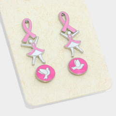 3pc pierced silver pink and white ribbon, lady, and dove earrings