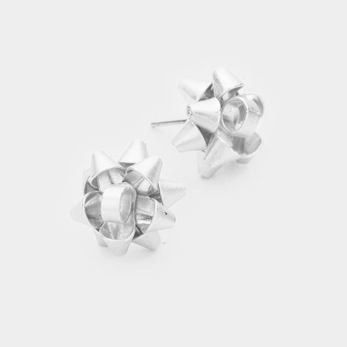 Pierced 1/2" matte silver Christmas bow button style earrings